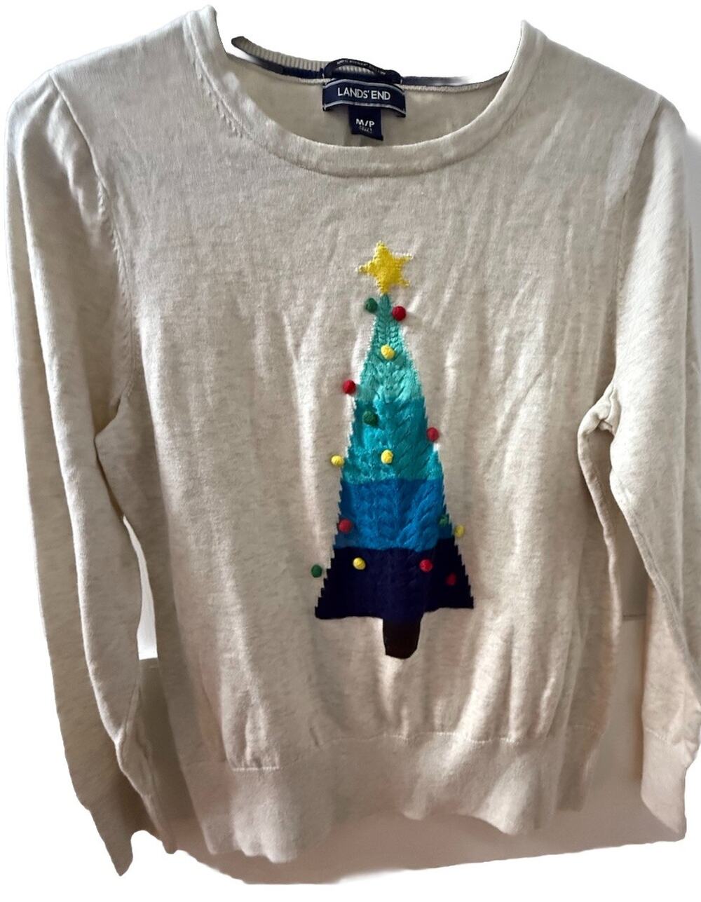 LANDS’ END Women’s Ivory Cotton Pullover Christmas Tree Sweater Size M/P 10-12